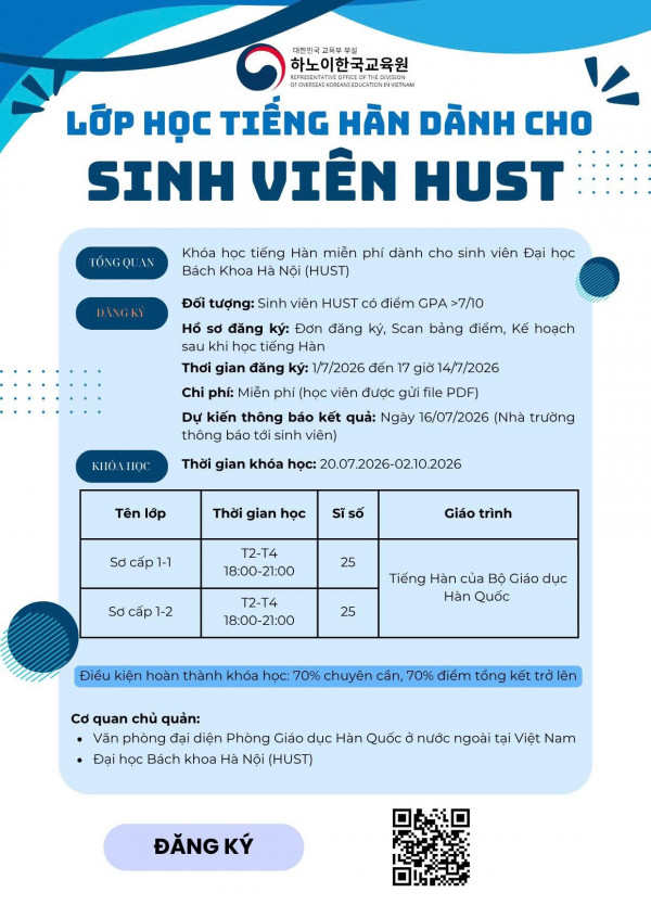 THÔNG BÁO TUYỂN SINH LỚP TIẾNG HÀN MIỄN PHÍ DÀNH CHO SINH VIÊN ĐẠI HỌC BÁCH KHOA NĂM 2026 KỲ II