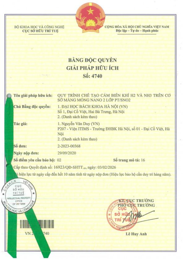 QUY TRÌNH CHẾ TẠO CẢM BIẾN KHÍ H2 VÀ NH3 TRÊN CƠ SỞ MÀNG MỎNG NANO 2 LỚP Pt/SnO2