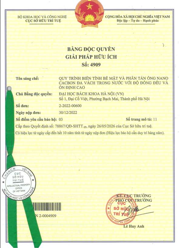 QUY TRÌNH BIẾN TÍNH BỀ MẶT VÀ PHÂN TÁN ỐNG NANO CACBON ĐA VÁCH TRONG NƯỚC VỚI ĐỘ ĐỒNG ĐỀU VÀ ỔN ĐỊNH CAO