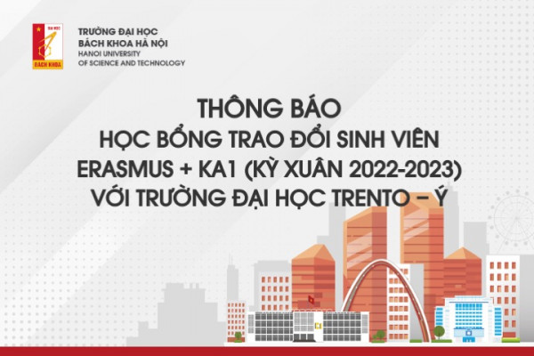 Thông báo học bổng trao đổi sinh viên Erasmus + KA1 (Kỳ Xuân 2022-2023) với trường Đại học Trento – Ý