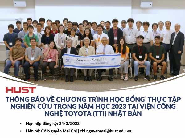 Thông báo về Chương trình Học bổng  thực tập nghiên cứu trong năm học 2023 tại Viện Công nghệ Toyota (TTI), Nhật Bản