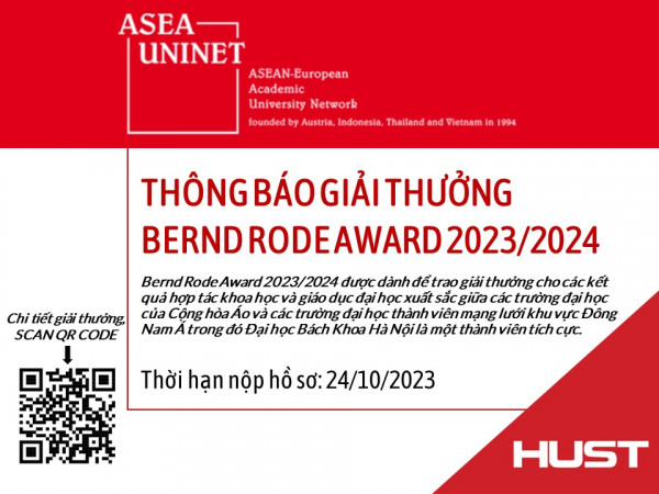 Thông báo Giải thưởng Bernd Rode Award 2023/2024 thuộc Mạng lưới các trường đại học Châu Âu-Đông Nam Á (ASEA-UNINET)