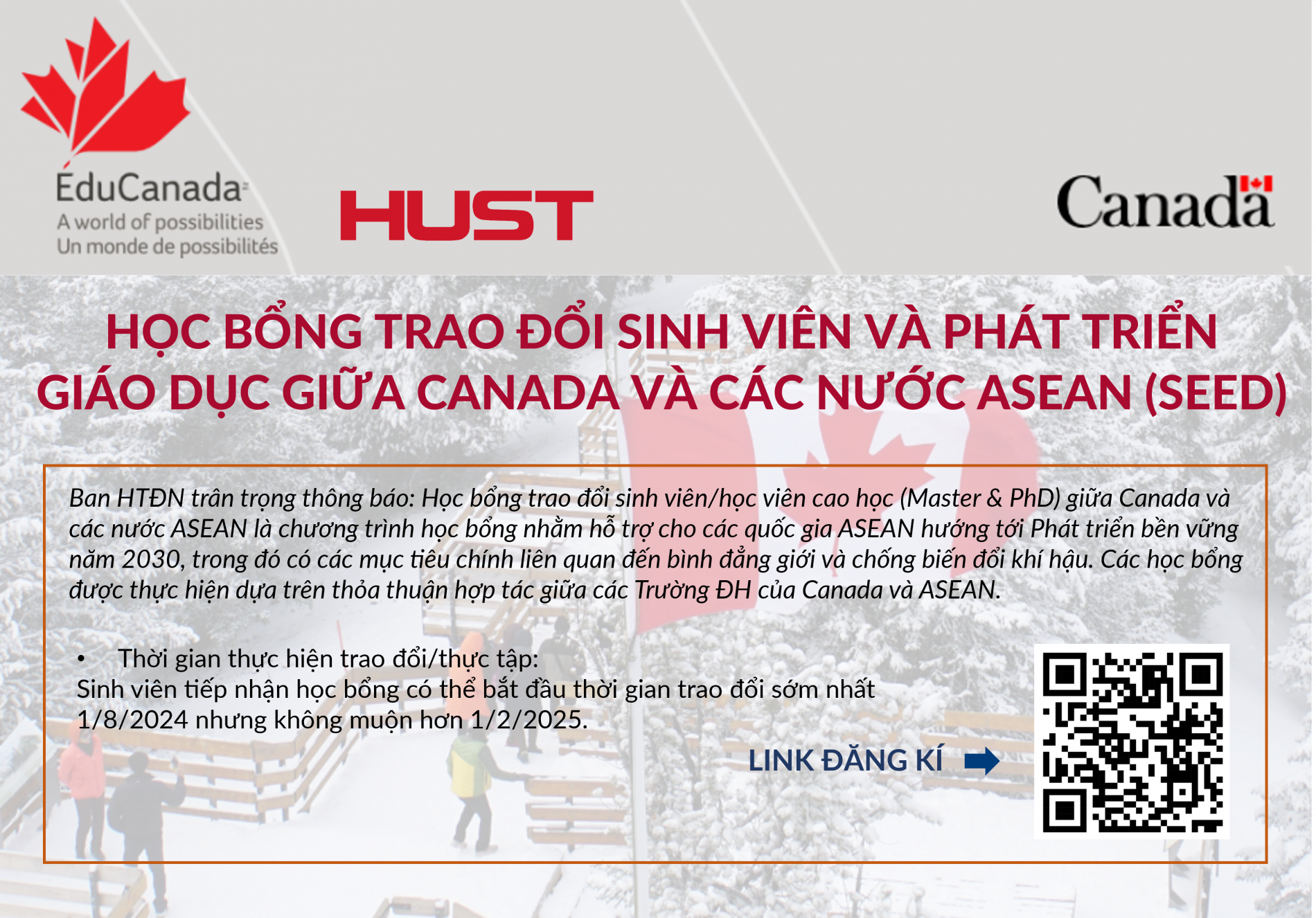 Thông Báo Học Bổng Trao Đổi Sinh Viên Và Phát Triển Giáo Dục Giữa Canada và Các Nước ASEAN (SEED)