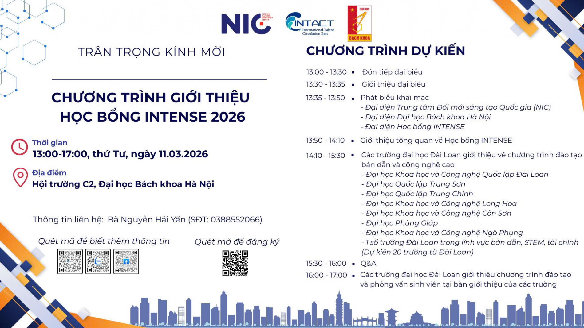 Thông báo Chương trình giới thiệu Học bổng INTENSE (Đài Loan) 2026